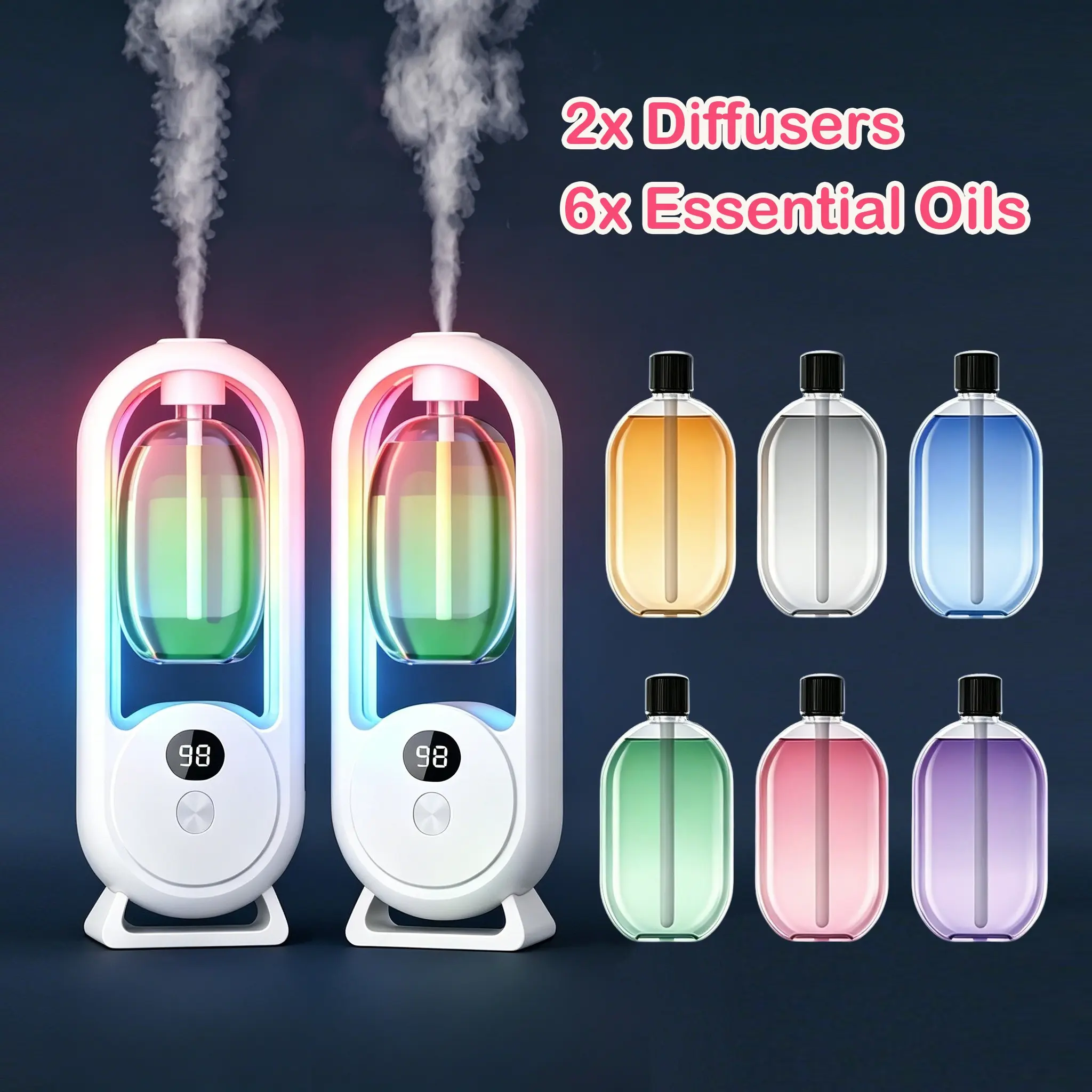 Home Aromatherapy Set, 2 Aroma Diffusers with 6 Essential Oils, Timed Spray Mode, USB Rechargeable, Multiple Scents, Thickened Box Packaging