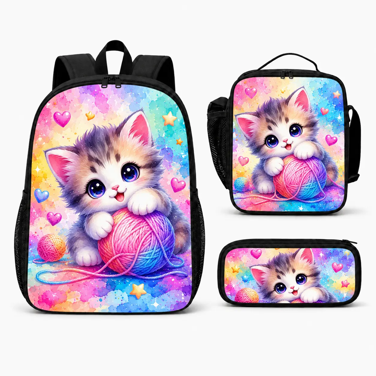 3-Piece Girls' Backpack Set with Cute Cat Pattern: Includes a spacious double-compartment schoolbag, an insulated lunch bag (convertible for shoulder or hand carry), and a pencil case-perfect for birthdays, back-to-school, and daily campus use., Backpacks