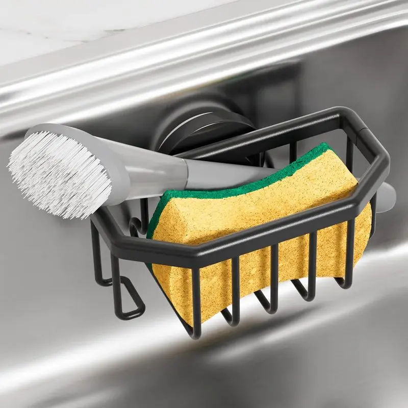 Aluminum Alloy Kitchen Sink Sponge Holder with Strong Suction Cup, Single Unit Quick-Dry Vented Cleaning Tools Caddy, Removable Organizer for Sponges, Brushes, Scrapers, Black