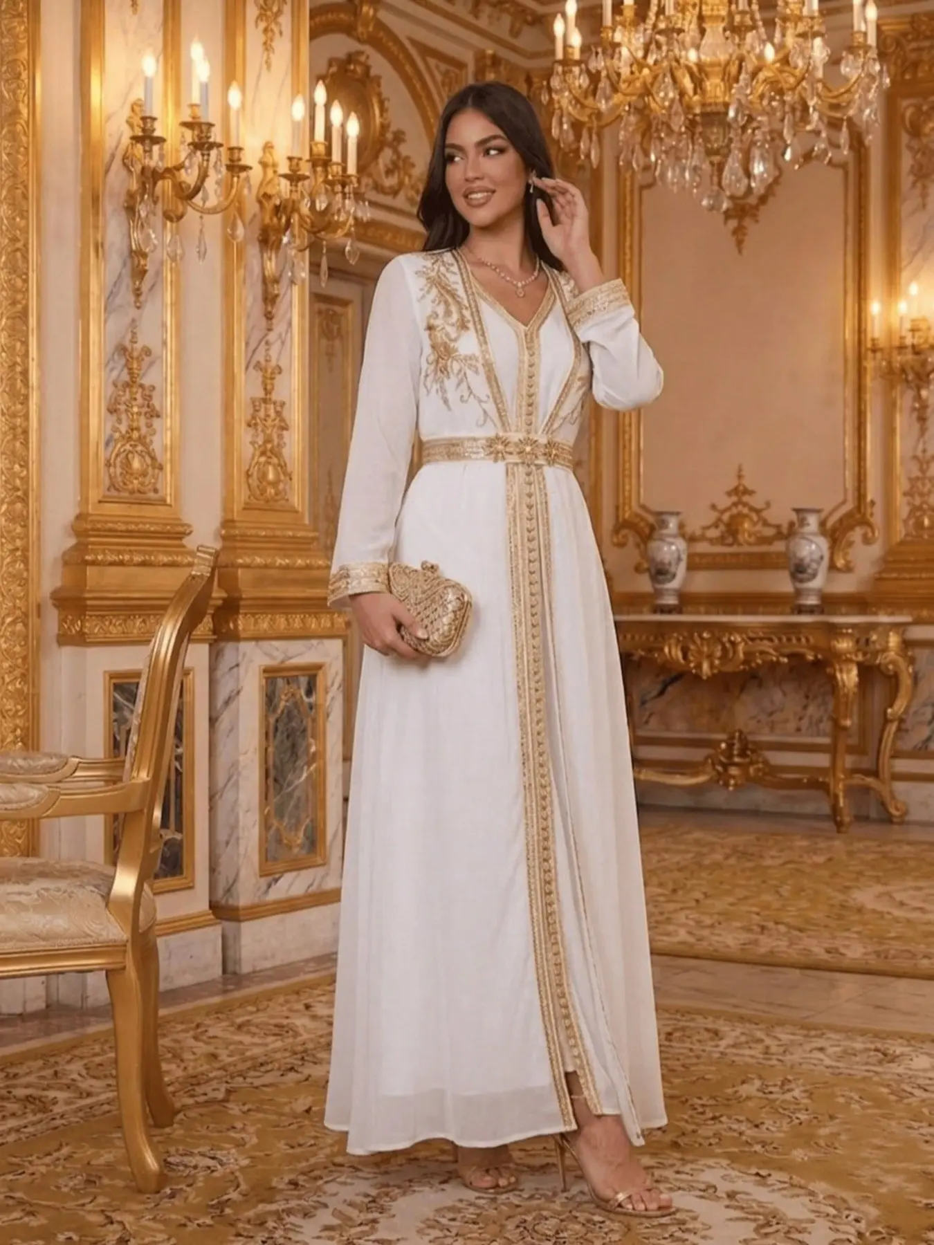Middle Eastern Heavy Gold Thread Embroidered Dress, Flowy Long Maxi Dress for Muslim Parties, Elegant Two-Piece Evening Gown, Muslim Dresses