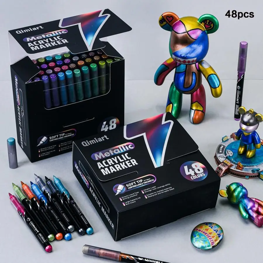 48 Colors Metallic Acrylic Markers, Quick Drying, Fade Resistant, Perfect for Painting, Illustrations, School Projects, Paper, Fabric, Wood, Rocks, Acrylic Marker Pen, Art Markers Pen, Art Markers Set, Painting Supplies