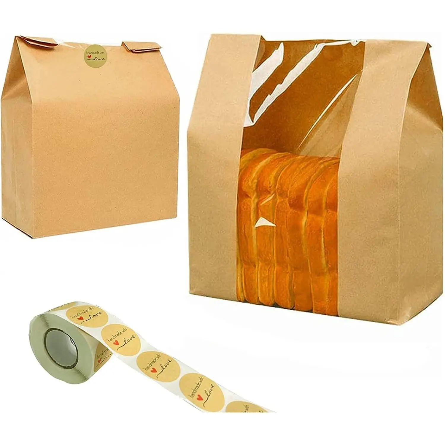 100 Pack Paper Bread Bags for Homemade Bread Large Loaf Bag with Clear Front Window 14" x 8.3" x 3.5" 500 count Homemade with Love sticker,  Packaging Storage Popcorn Cookie  Bakery Bag