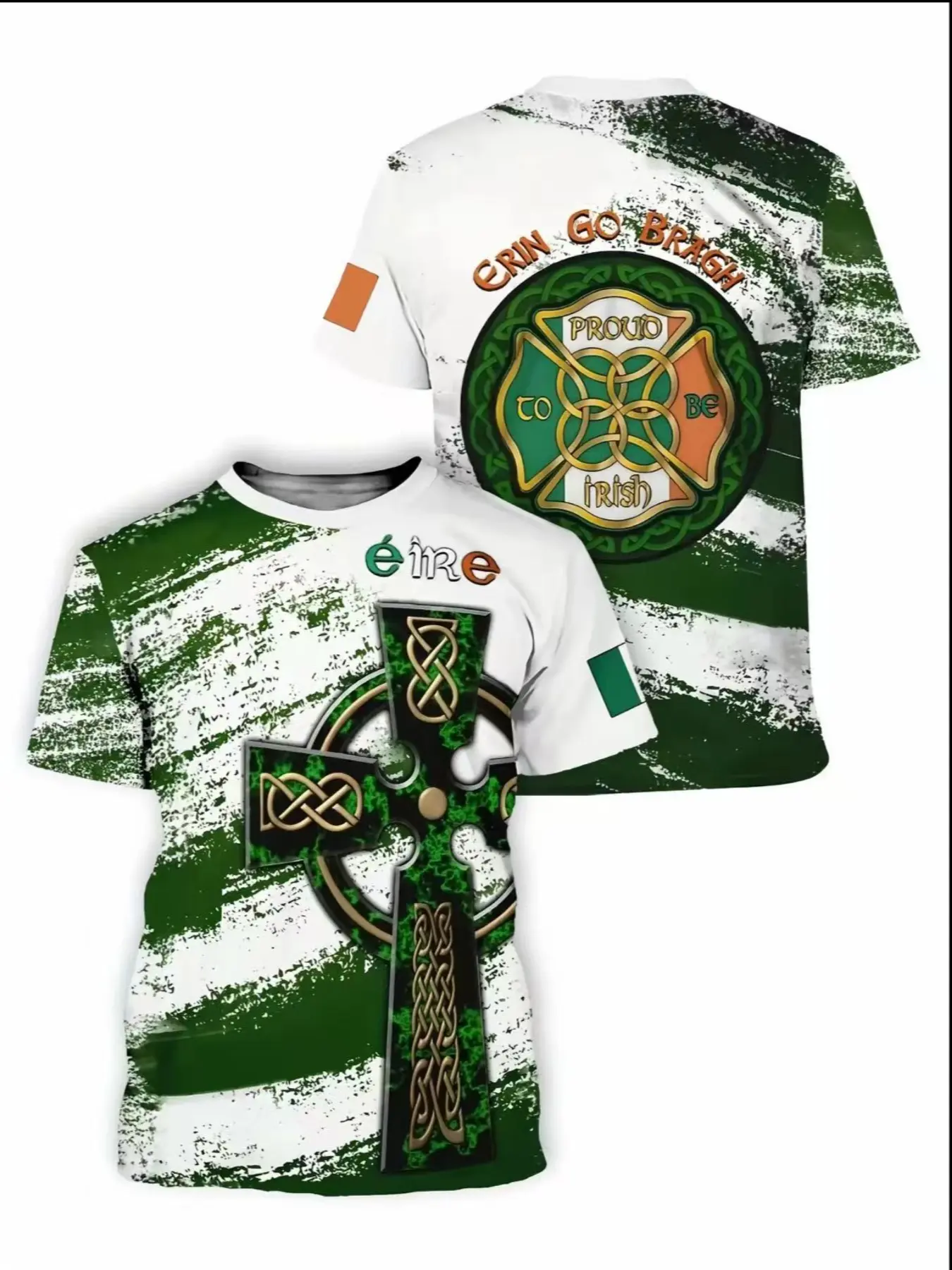 2026 Men's Celtic Cross Irish Traditional Ethnic Culture T-shirt, full body Celtic knot alfalfa print, Irish flag color casual T-shirt, men's fashion, versatile for daily use