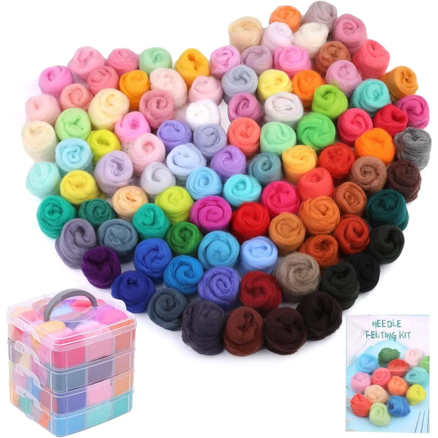 96Pcs Needle Felting Wool 10.4 oz Wool Roving Yarn Needle Felting Kit with 4-Layer Transparent Storage Box for DIY Hand Spinning and Creations, 3g/Color