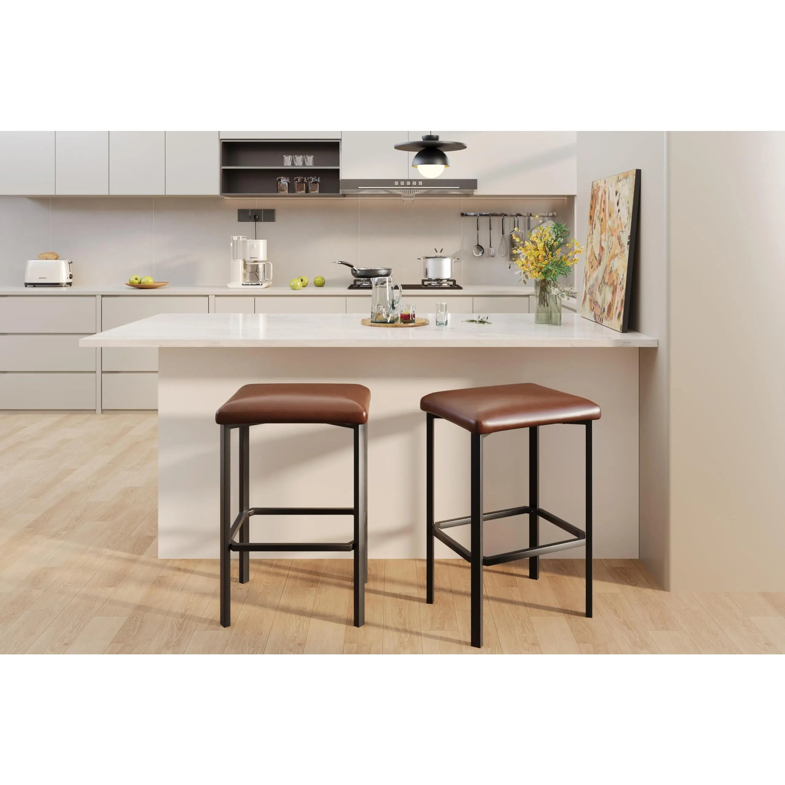 Garvee Versatile PU Leather Bar Stools – 24" Counter Height, Backless, Thick Cushion, Heavy Duty Metal Base, Easy Assembly, For Kitchen Island or Bar Counter, Set of 2 or 4