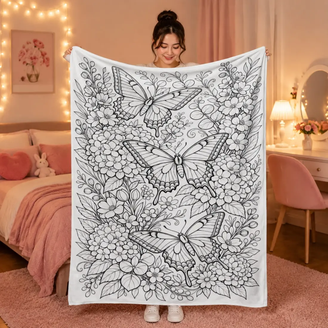 Black White Line Art Butterfly Floral Coloring Flannel Throw Blanket, DIY Adult Stress Relief Blanket, Soft Skin-Friendly Warm Cover for Couch Bedroom Naps, Pens Not Included, Perfect Holiday Gift For Art Lovers