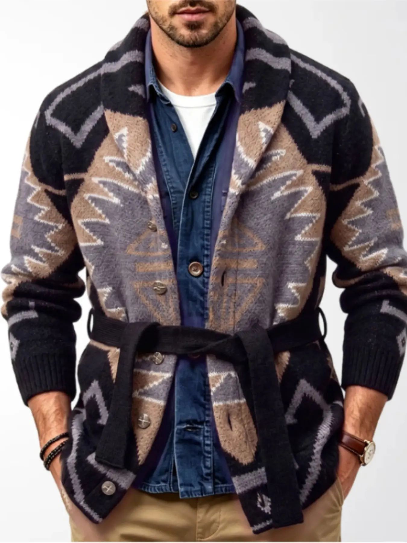 Men's American Vintage Geometric Knit Cardigan, Thickened Medium-Length Sweater Coat, Fall Winter Fashion, Unlined Blouse Shirt