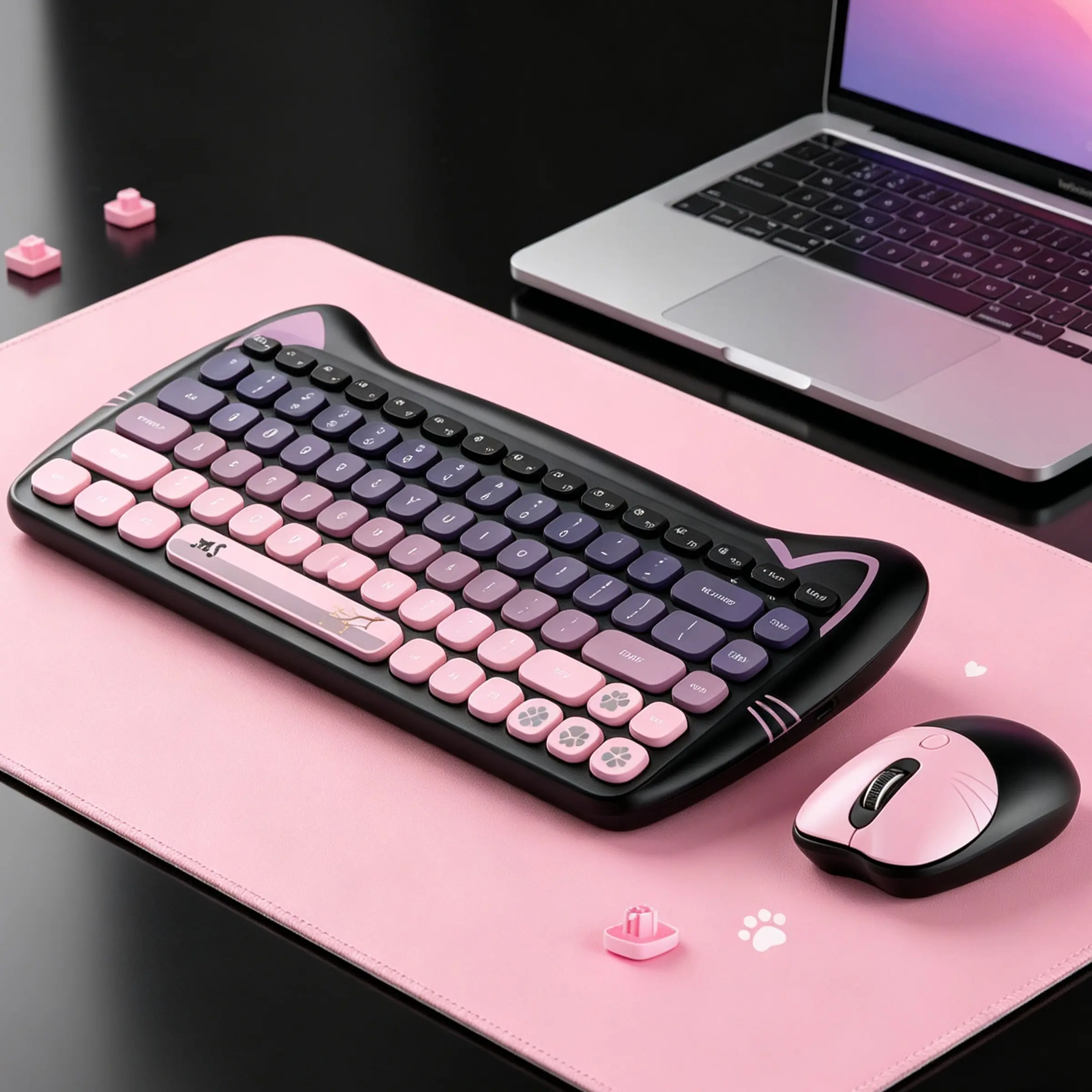 GEEZER Cute Cat‑Ear Wireless Keyboard and Mouse Combo, Black‑Pink Contrast Cat‑Shaped Office Keyboard Mouse Set, Ideal for Women Office Use
