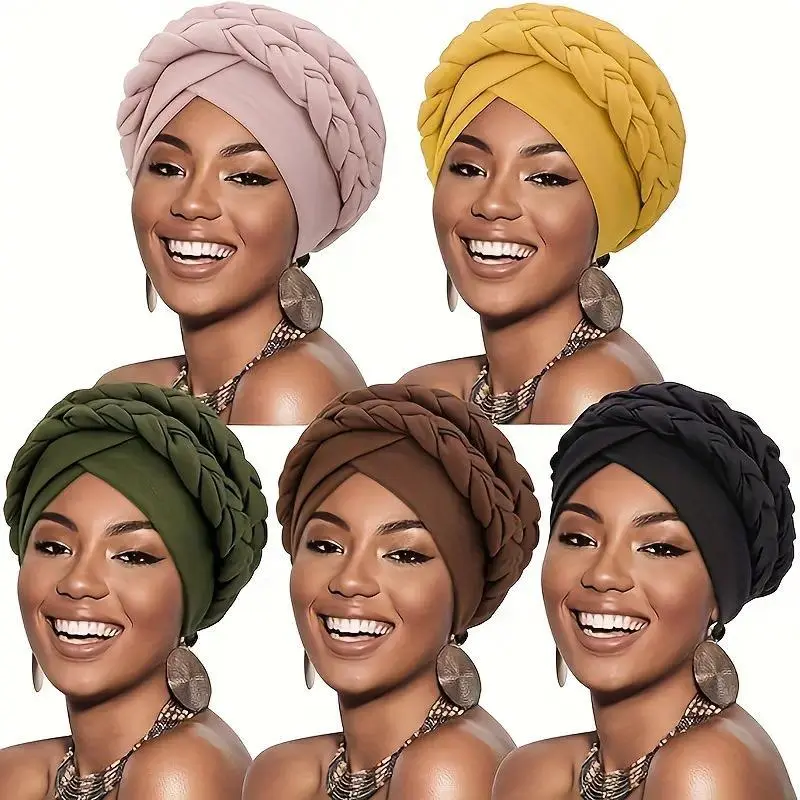 3 Pack Turban Headwraps, Solid Color Pre-tied Cap with Double Twisted Braids for Daily Wear, Headscarf, Turban Shape, Female, Plain, Pre-Tied Turban Headwraps