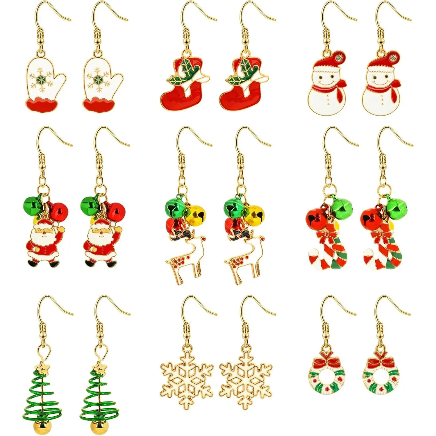 9 Pairs Christmas Earrings for Women, Christmas Drop Dangle Earrings Set, Christmas Tree Snowflake Snowman Santa Claus Hook Earrings Holiday  Party  Gifts