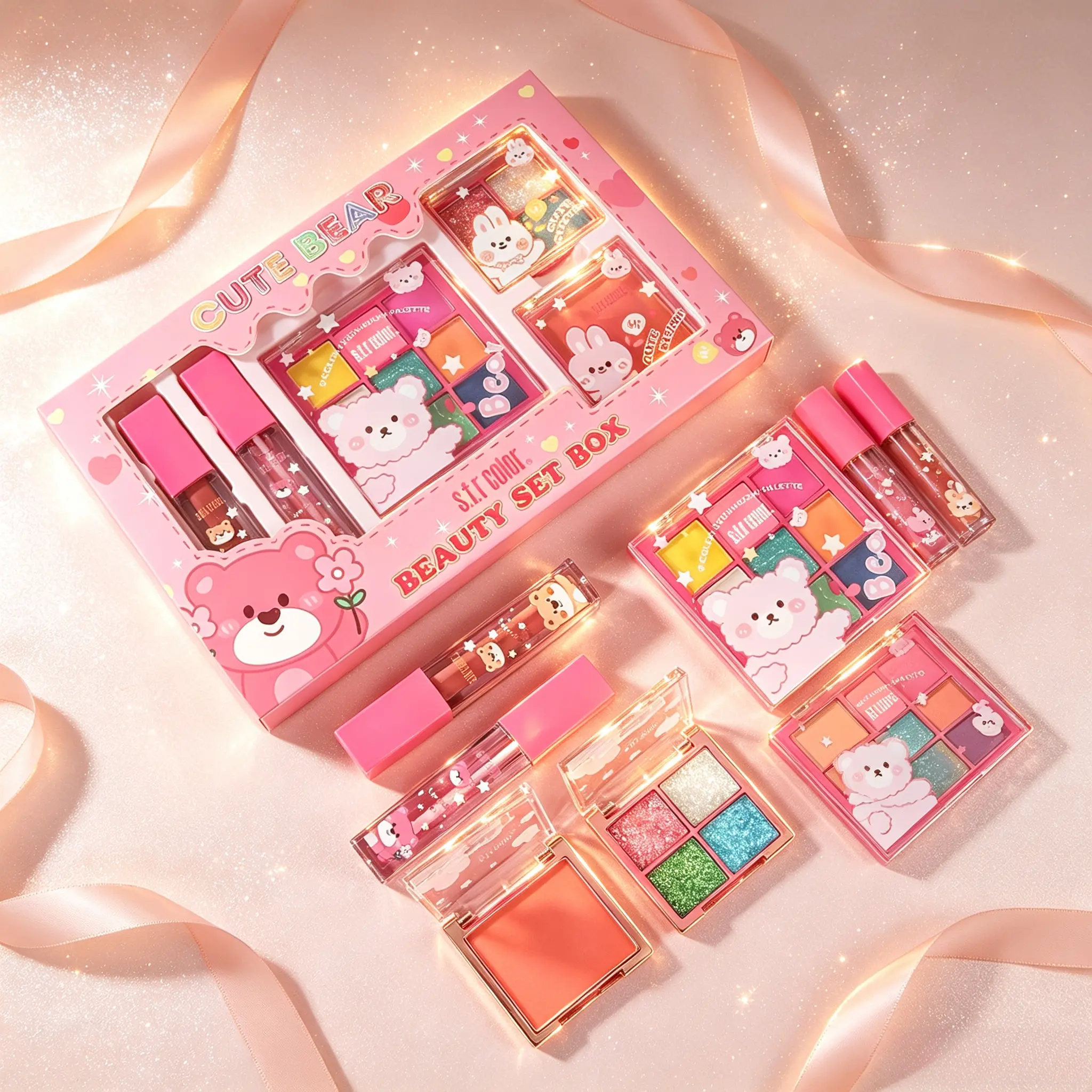 Girly Complete Makeup Set, Rainbow Multi-tone Eyeshadow Highlight Glitter Youth Blush Velvet Lip Gloss, Beginner Creative Makeup Portable Gift Box