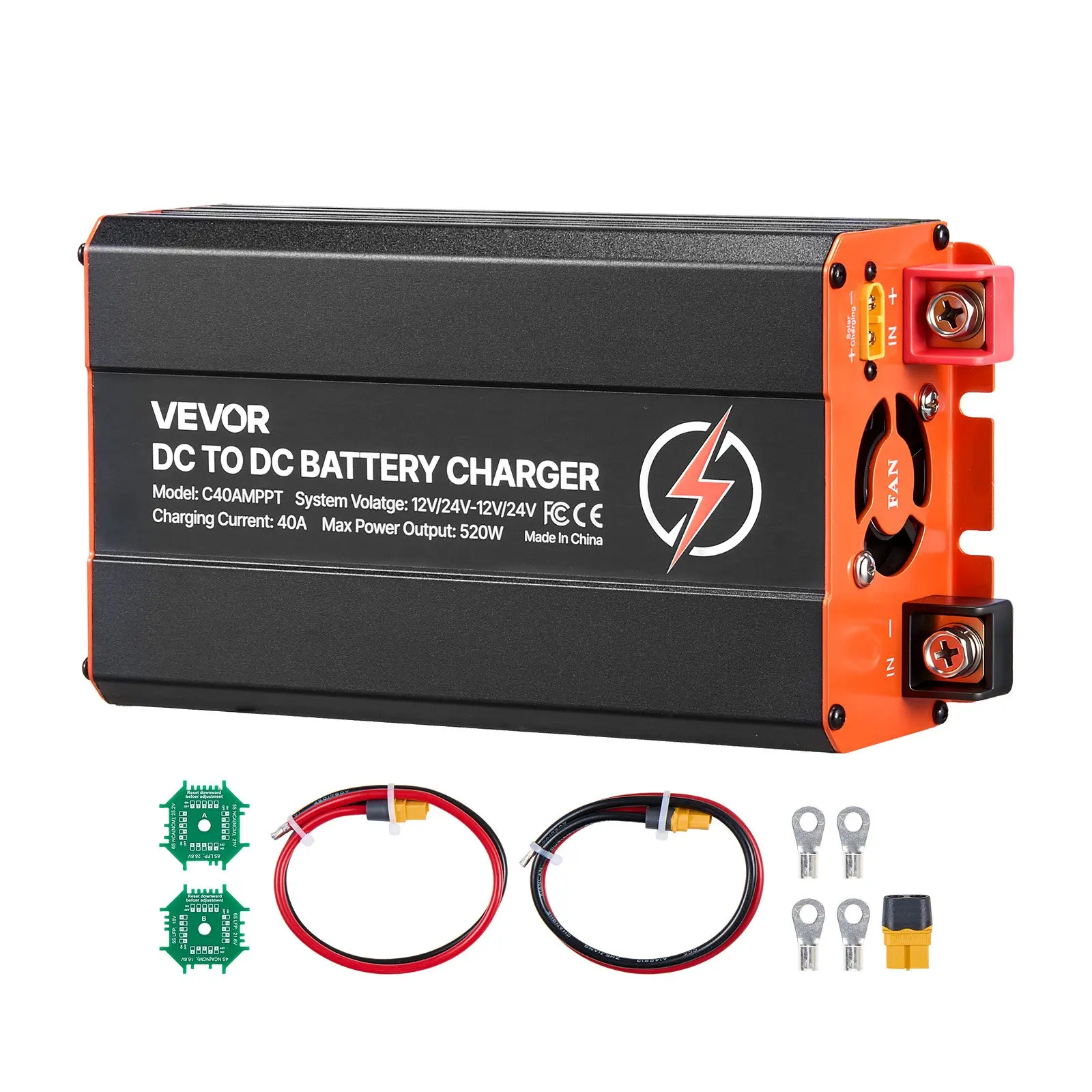 VEVOR DC-to-DC On-Board Charger with C40AMPPT, 520W 40A, Solar Panel-Alternator Dual Input, Quick Connect Cable, Easy Installation, Smart Multi-Stage Charging for LiFePO4 Lead-Acid Batteries, 12V/24V-12V/24V, for RV Backup Power