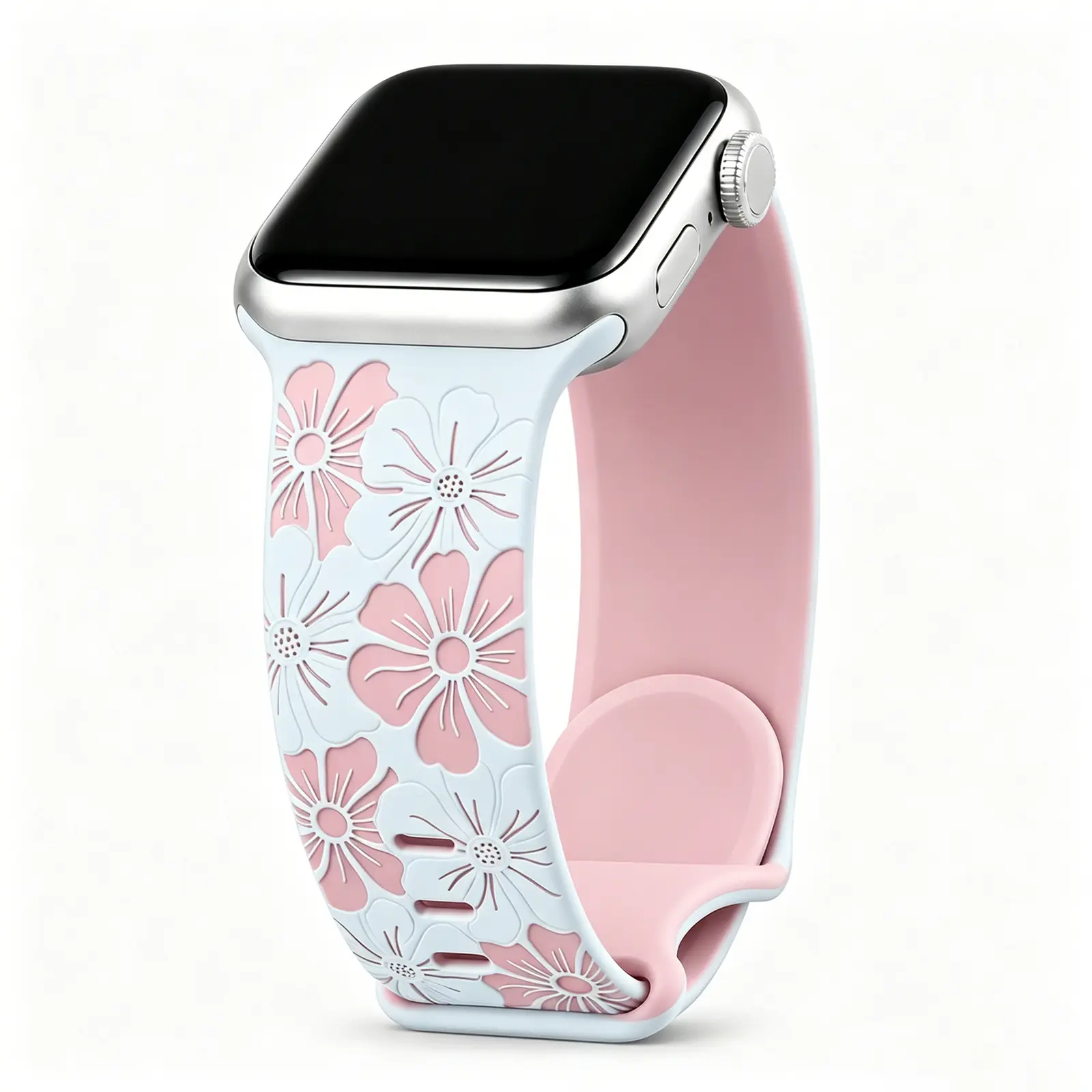 Light Blue Pink White Large Flower Engraved Silicone Watch Band, Pastel Spring Floral Replacement Strap, Soft Fresh Wrist Accessory
