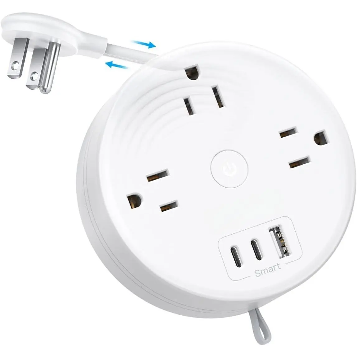 Travel Power Strip - Retractable Extension Cord 5ft Ultra Thin Flat Plug, Retractable Power Strip with 3 AC Outlets 3 USB Ports (2 USB C), Cruise Ship Essentials, for  Hotel Dorm Room, White