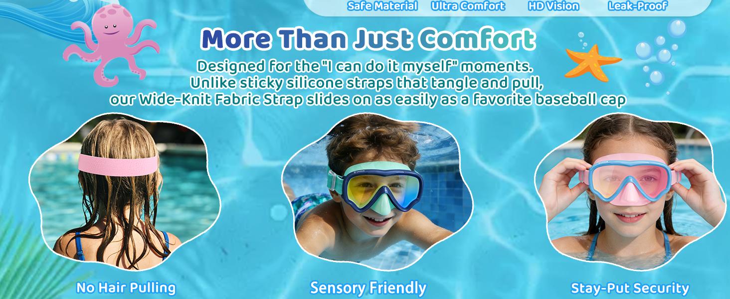 Vvinca Kids Swim Goggles with Nose Cover, Anti-Fog/UV Swimming Mask for Boys Girls 3-15, No Hair Pulling Fabric Strap