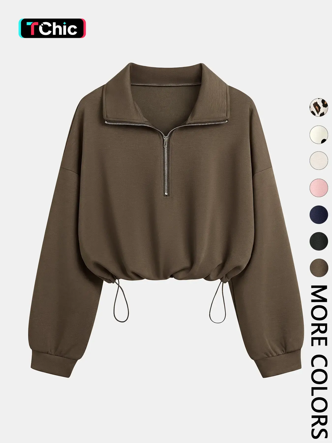 Women's Half-Zip Stand Collar Drawstring Short Sweatshirt, Spring & Fall Casual Fashion, Comfortable and Stylish