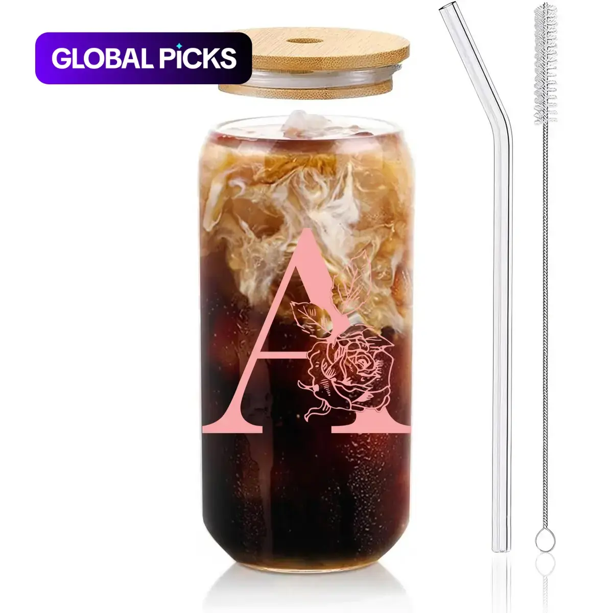 1-Pack Personalized A-Z Pattern Glass Tumbler, 16 oz/480 mL with Bamboo Lid and Glass Straw, Custom Gift for Women, Iced Coffee Cup #GLOBAL PICKS