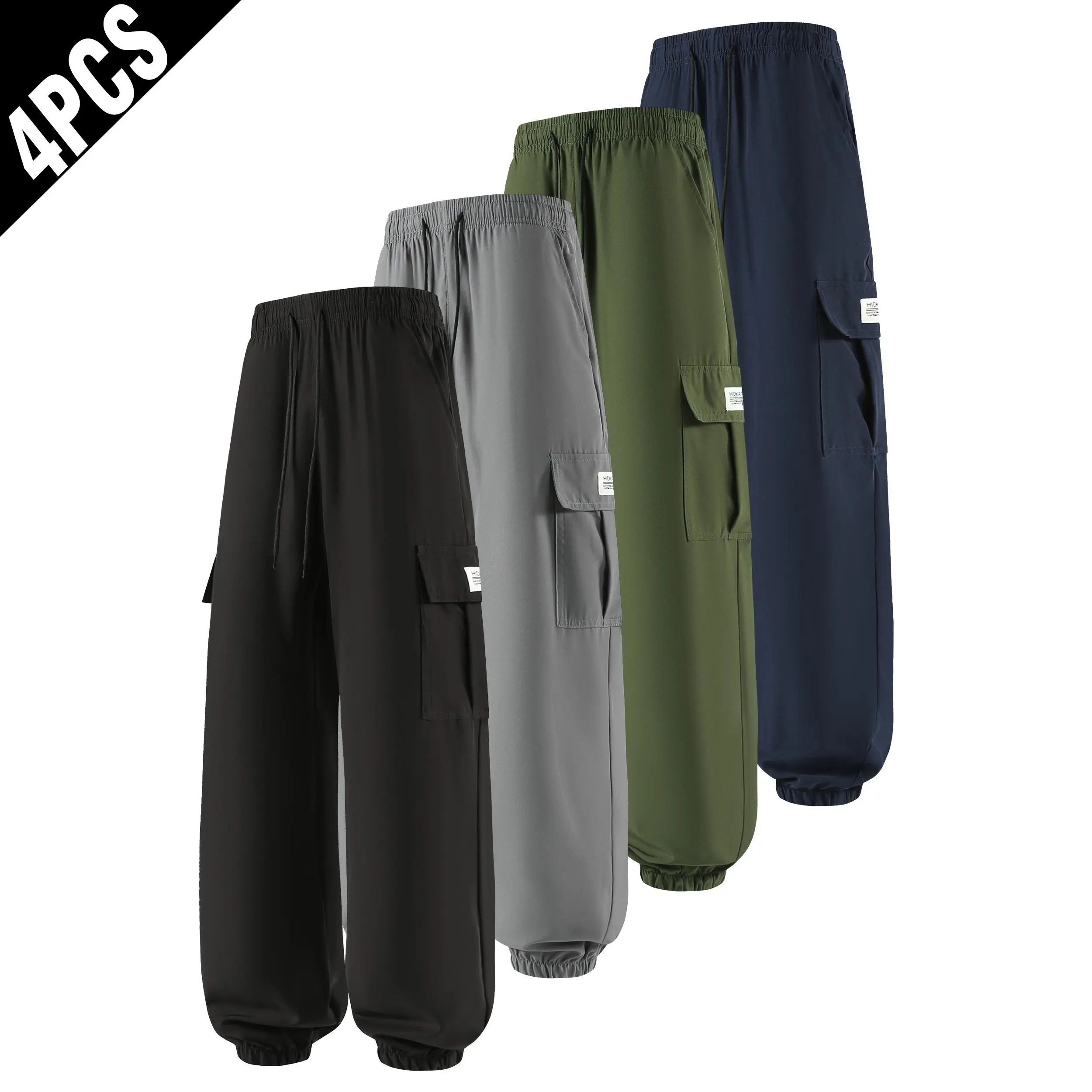 Men’s 4-Pack Label Patch Multi-Pocket Jogger Cargo Pants, Menswear, Drawstring Elastic Waist, Ankle Cuffed, Loose Fit Streetwear Casual Utility Trousers sport pant bottom male clothes com frt clothing mens outdoor training pant solid tactical work pant