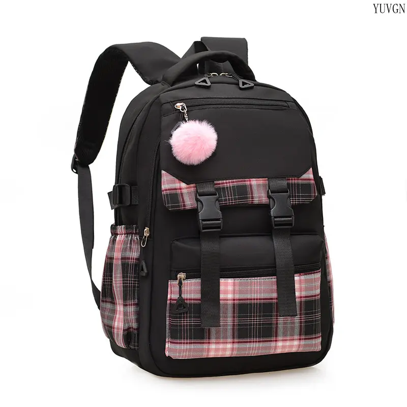 Patchwork Plaid Backpack for School, Spacious Student Daypack with Multi Pockets, Dual Buckles & Fluffy Pom Pom Charm, Backpacks For School, Spacious Carry, Student Look