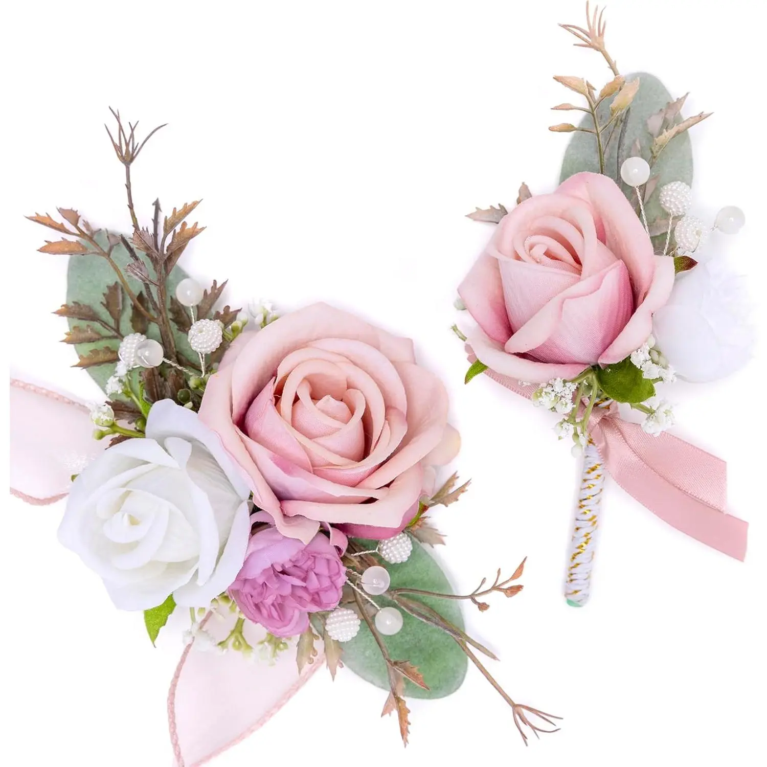 Pink Corsage and Boutonniere Set for Bride Groom Bridesmaids Groomsmen Wedding Homecoming Flowers Prom Suit Accessories, Rose Boutonniere and Wrist Corsage Flower