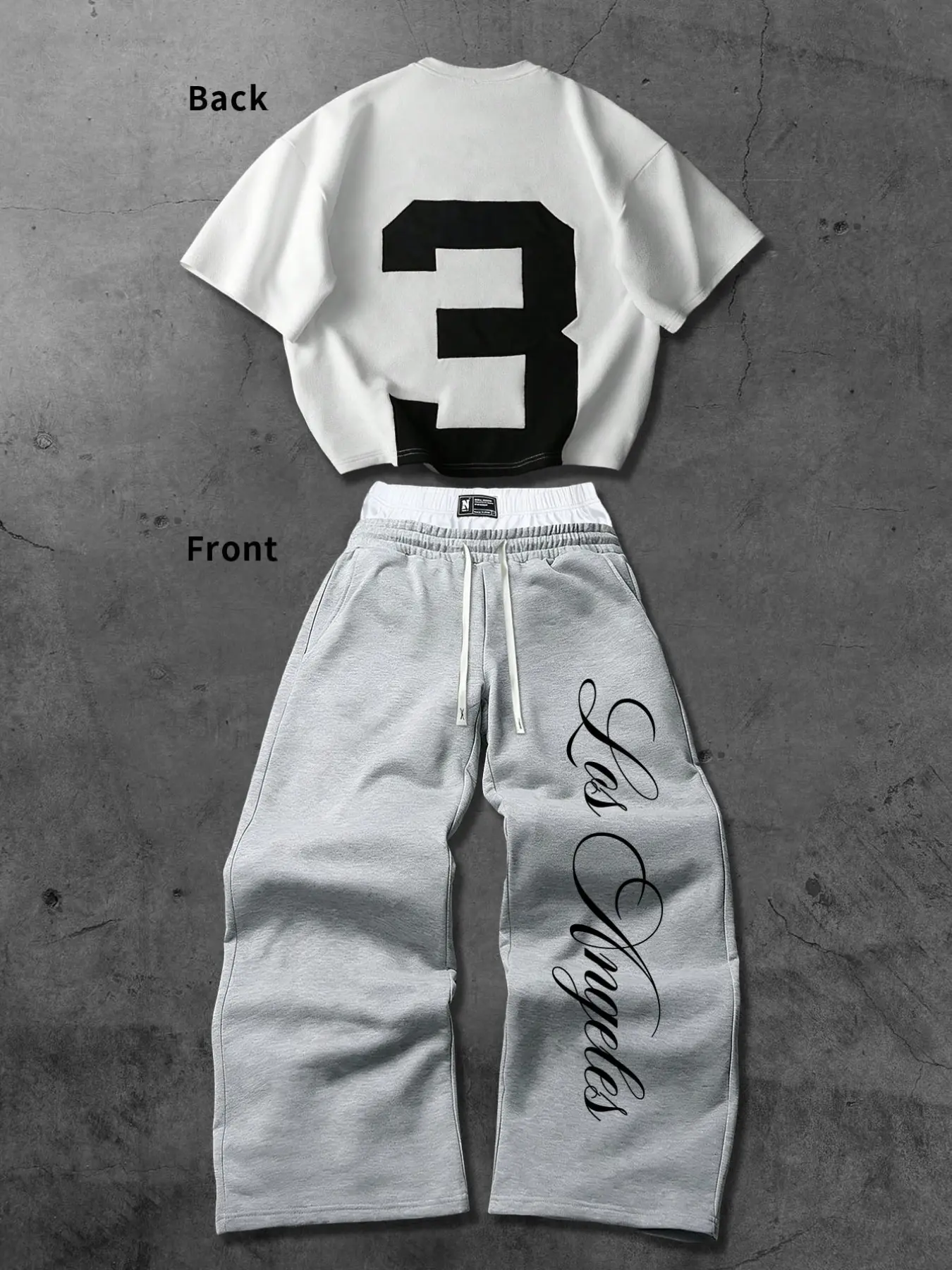 Unisex Streetwear Set, Number 3 Patchwork Short Sleeve T-Shirt, Los Angeles Script Print Joggers, Casual Y2K Hip-Hop, Spring Summer Fall
