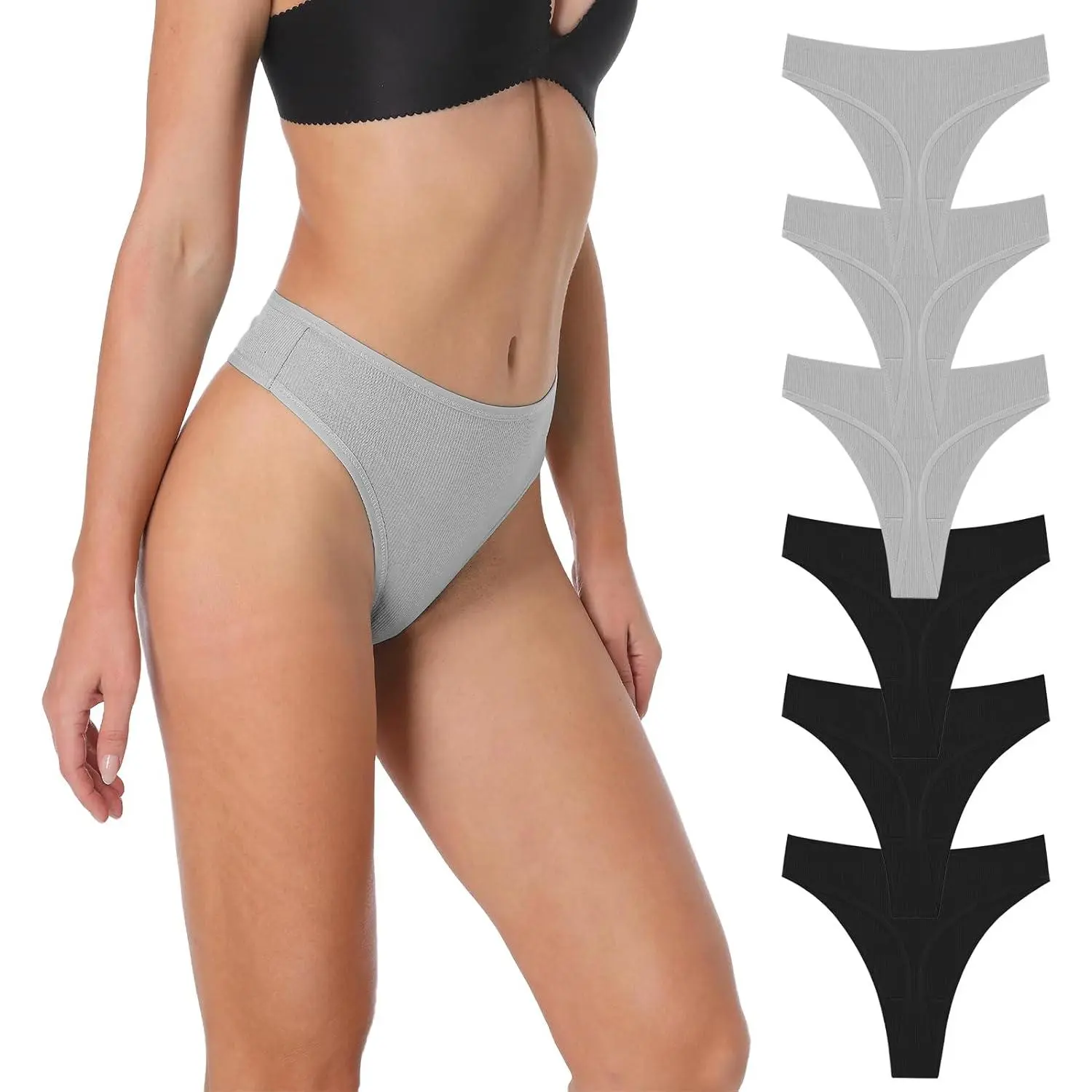 Umiehary Women's High-Waisted Ribbed Cotton Stretchy Sport Thongs Panties - Wrinkle-Resistant Long-Lasting Fabric, Seamless Invisible Line, Multi-Color Value Pack, All-Day Comfort, 2 Black/2Grey/2Skin
