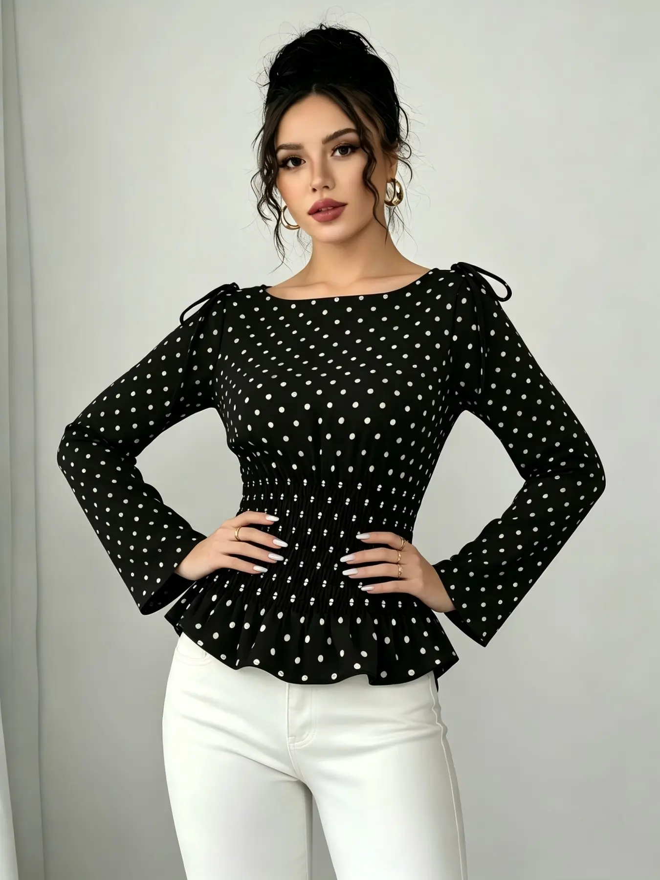 Black White Polka Dot Blouse Women Off Shoulder Tie Long Sleeve Smocked Waist Ruffle Hem Peplum Top Elegant Casual Slim Fit Shirt Blouse Shirts