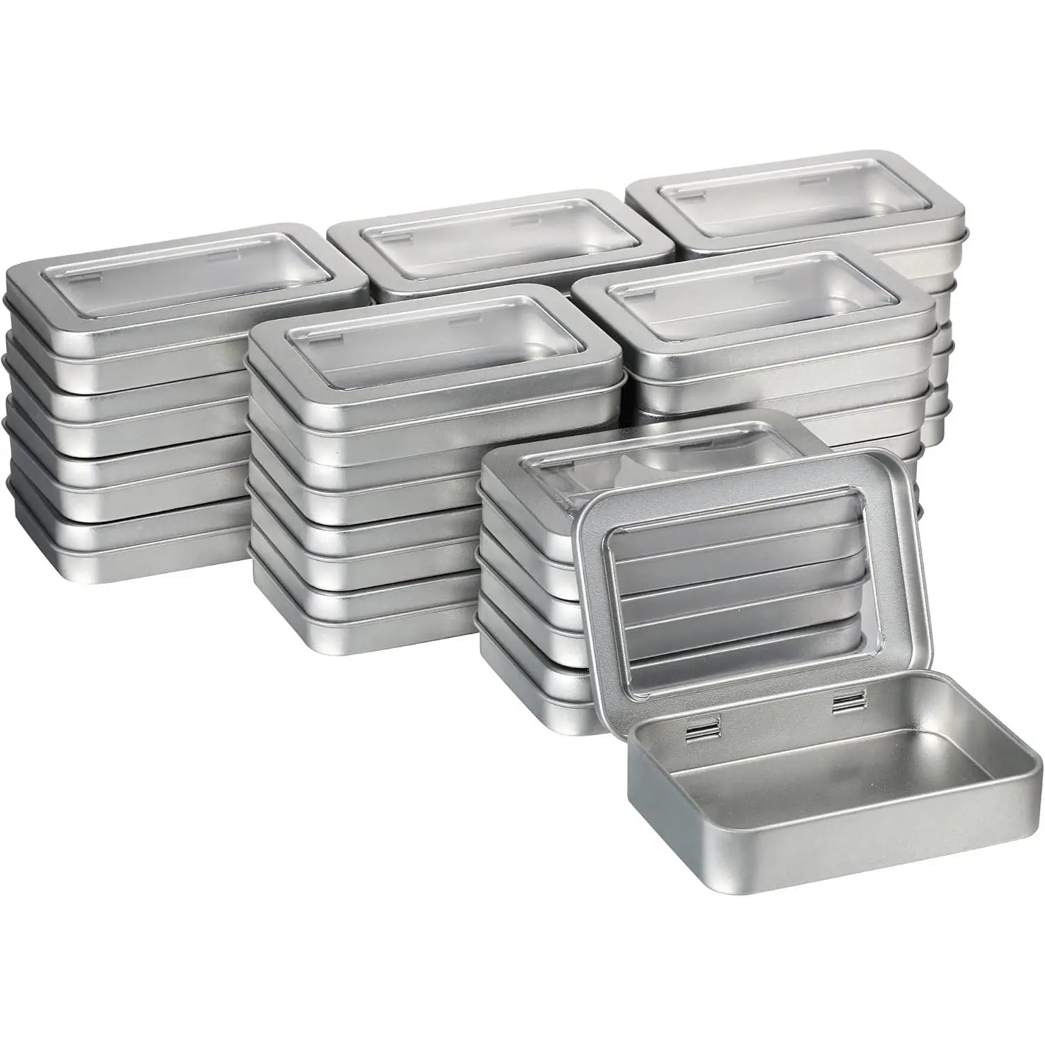 24 count Rectangular Hinged Tins Box Metal Rectangular Empty Container Metal Storage Organizer Tins Mini Portable Box Containers with Clear Window for Candies