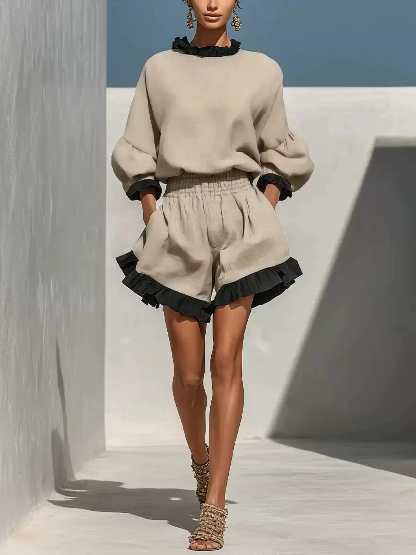 2026 Summer New Casual Loose Simple Ruffle Long Sleeve Top + High Waist Wide Leg Ruffle Hem Shorts Set, Comfortable Loose Flowy Leisure Two-Piece Set, Lazy Wear Versatile