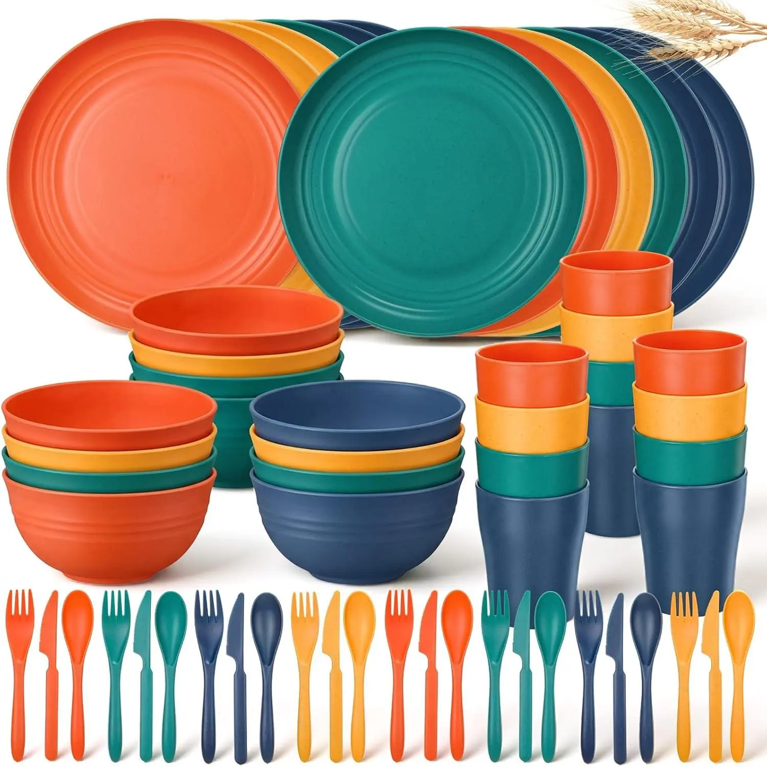 72-Piece Modern Wheat Straw Plastic Tableware Set for 12 - Cups, Plates, Bowls & Cutlery (Spoons Included), Unbreakable, Lightweight, Portable, Dishwasher & Microwave Safe for Patio, Camping