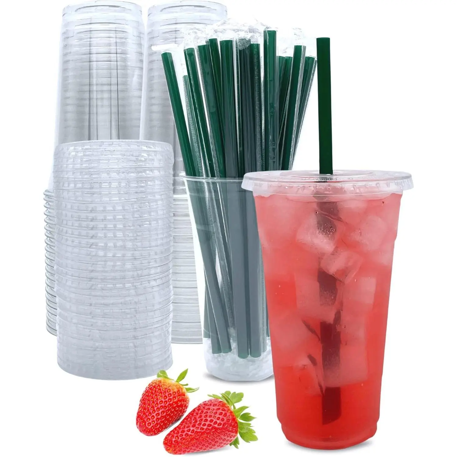 24 oz Clear Plastic Cups with Lids and Straws, Disposable Coffee Cups 25 Sets Drinking Cups