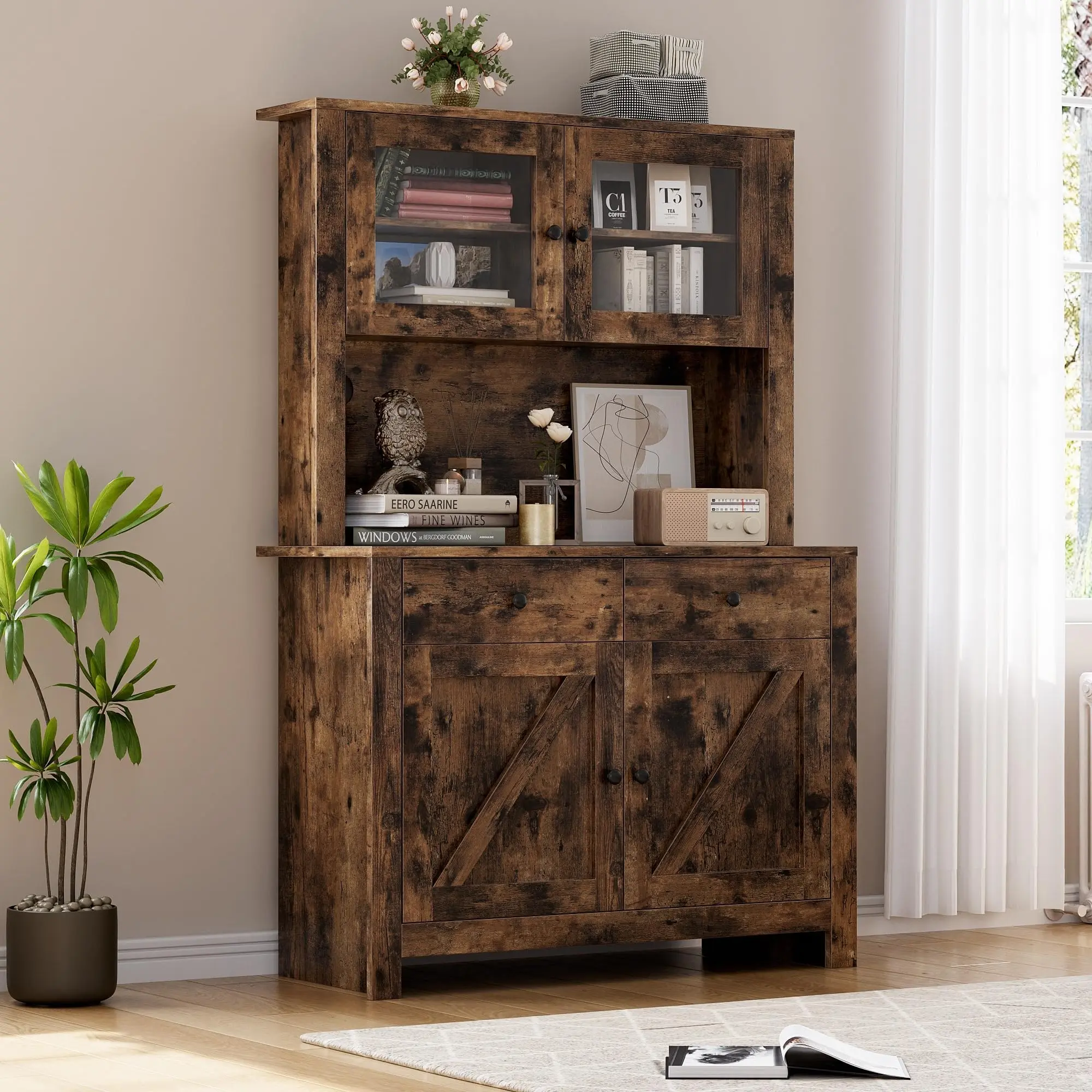 63 Inch Tall Kitchen Pantry Hutch Cabinet Freestanding Storage Sideboard with Microwave Stand Tempered Glass Doors and Drawers for Dining Room