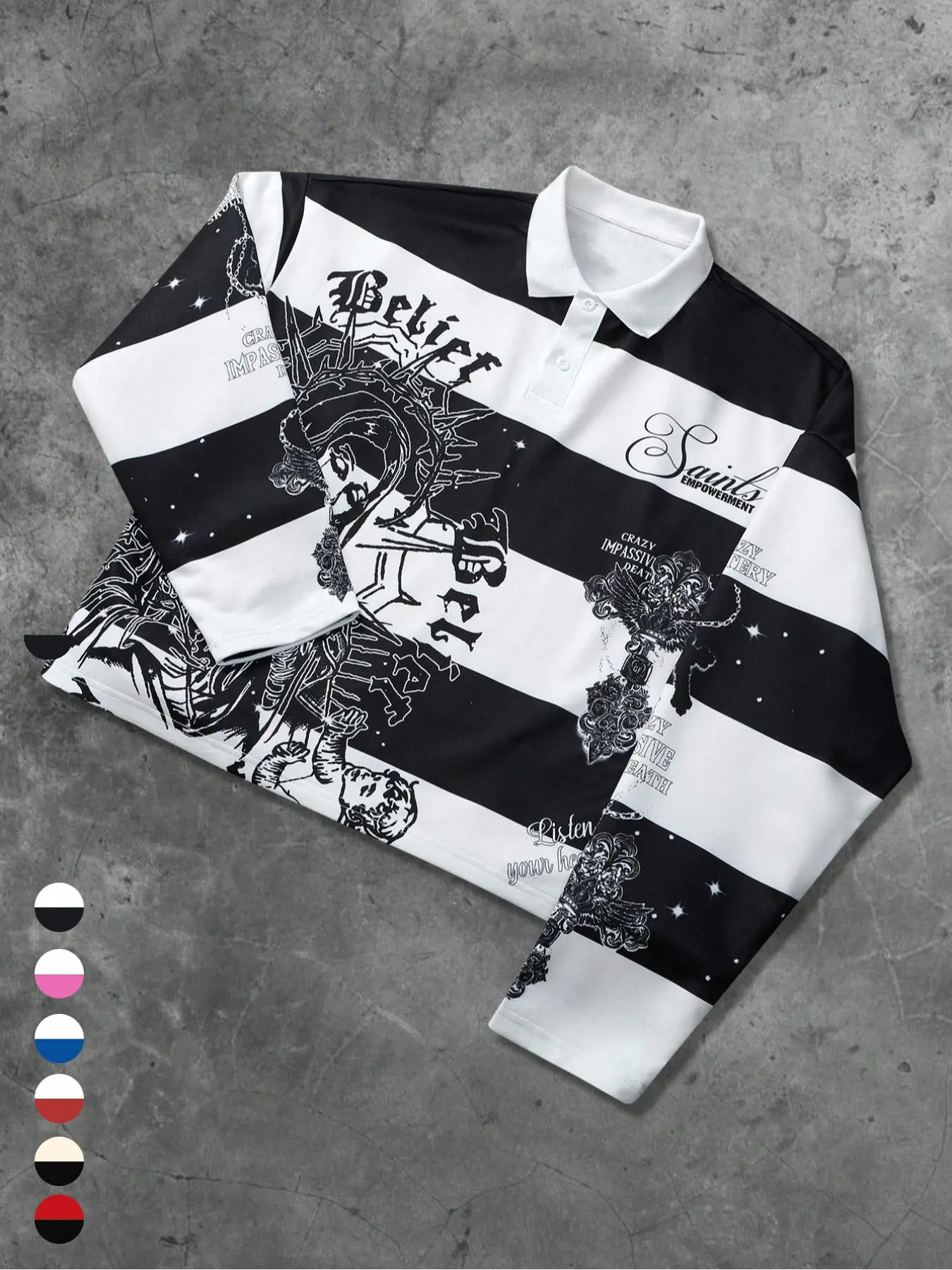Men's Vintage Saint Mary Striped Long Sleeve Polo Sweatshirt, Casual Fitted Style, Geometric Pattern, Streetwear American Fashion