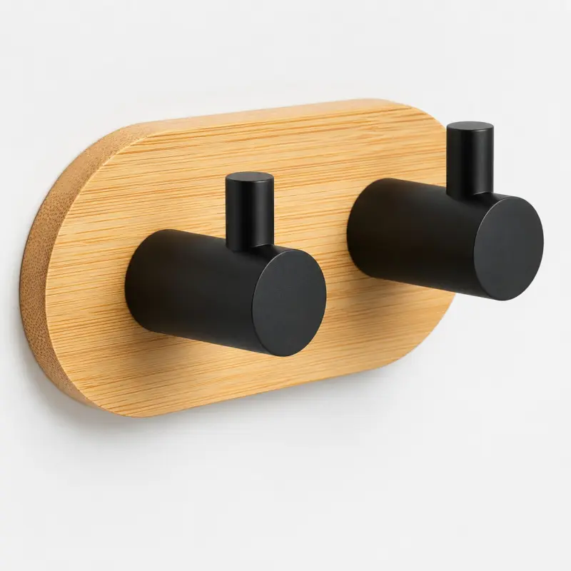 2-Pack Pasteable Bamboo & Stainless Steel Clothes Hooks - Home Improvement Bathroom Fixtures for Wardrobe Door, Back Wall Hanger Accessories