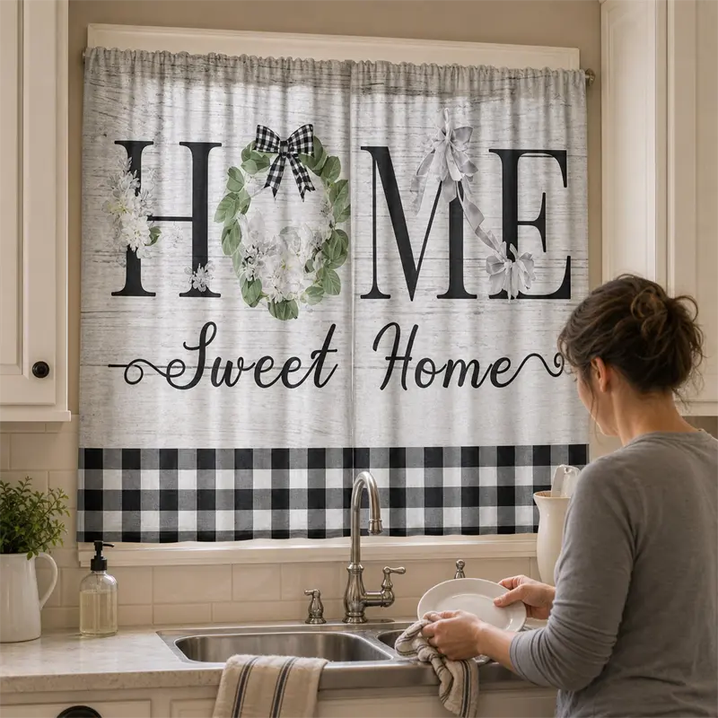 2pcs Simple Gray-black, Black-and-white Checkered, Letter Print, Warm Kitchen Window, Polyester Fibe Material, Translucent Machine-washable Curtain Fabric for Kitchhen Decor. Small Window Curtains, Gingham Checkered Curtains, Plaid Print Curtains