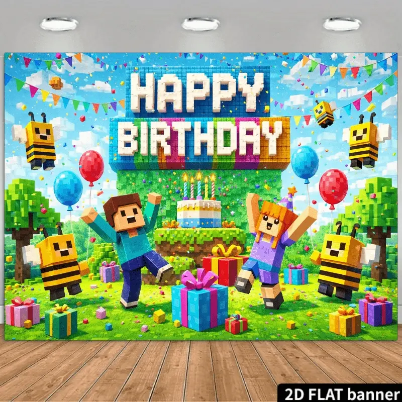 2D Flat Pixel Game Birthday Banner, Pixelated Happy Birthday Party Backdrop, Single-Sided Polyester Fabric, Metal Grommets for Easy Hanging, Kids Birthday Decoration, Home Party Decorations, Decorative Banner, Wall Banner