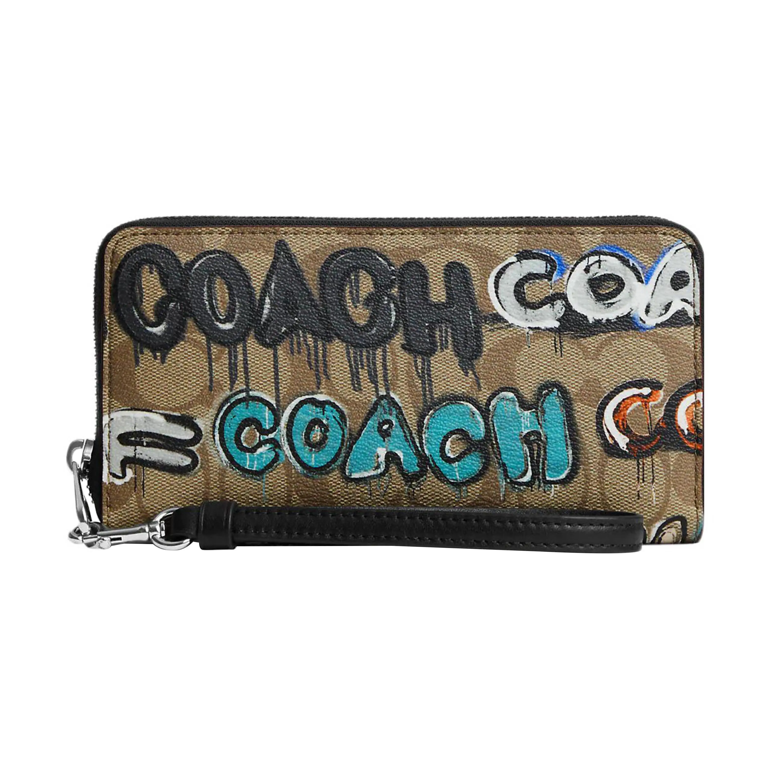 Coach x Mint + Serf Zip-Around Wristlet Handbag for Women, Graffiti Print Canvas with Leather Trim, Khaki