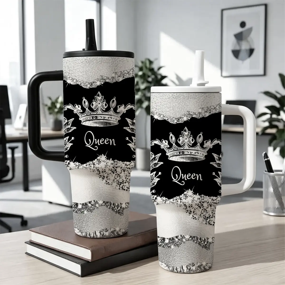 40oz Queen Tumbler with Handle & Straw, Black Silver Glitter Crown Design, Vacuum Insulated Stainless Steel Travel Mug for Women, Office, Gym, Daily Hydration regalo para ella hour cold retention leak-proof cup holder fit flask