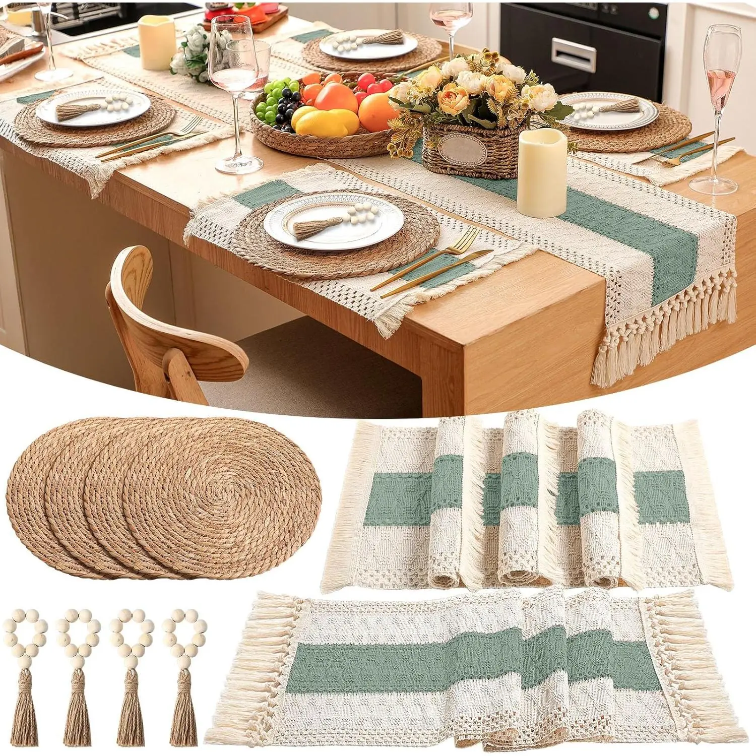 Set of 4 Sage Green Boho Table Runner and Placemats, Round Woven Place Mats, Farmhouse Macrame Long Table Runner, Rustic Wood Bead Napkin Rings for Wedding Kitchen Dining Tables Decor,Disposable