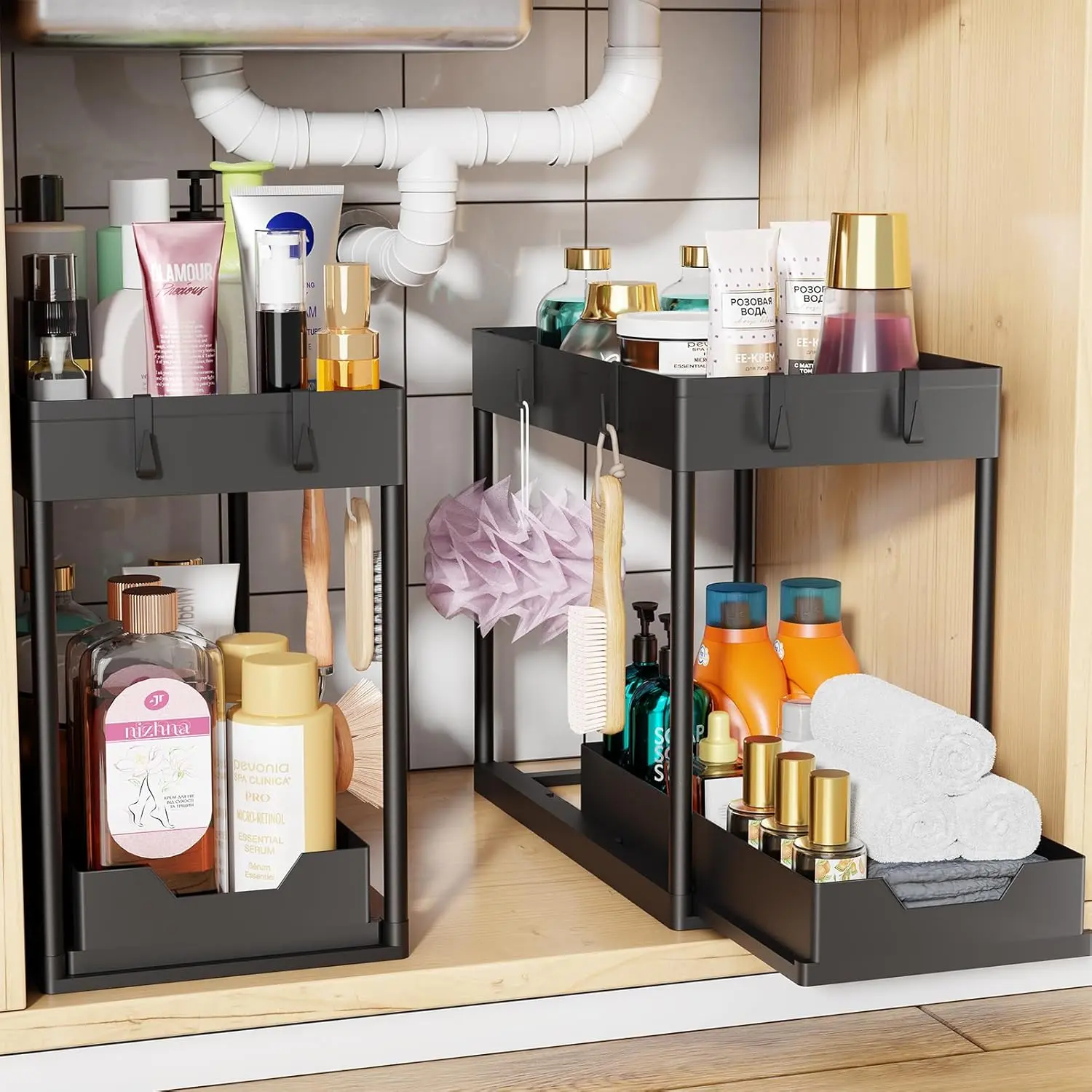 Under Sink Pull-Out Sliding Storage Rack - Metal Frame Modern Double Tier Kitchen Organizing Cupboard, 1/2 Packs Optional, Black/White Bathroom Pull-Out Tray Organizer