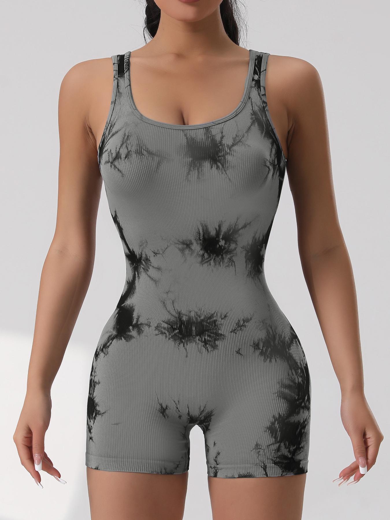 Women's Marble Print Open Back Sports Tank Romper, Casual Sleeveless Racer Back Skinny Romper Stretchable Activewear for Yoga Gym Workout, Ladies Sportswear for Summer