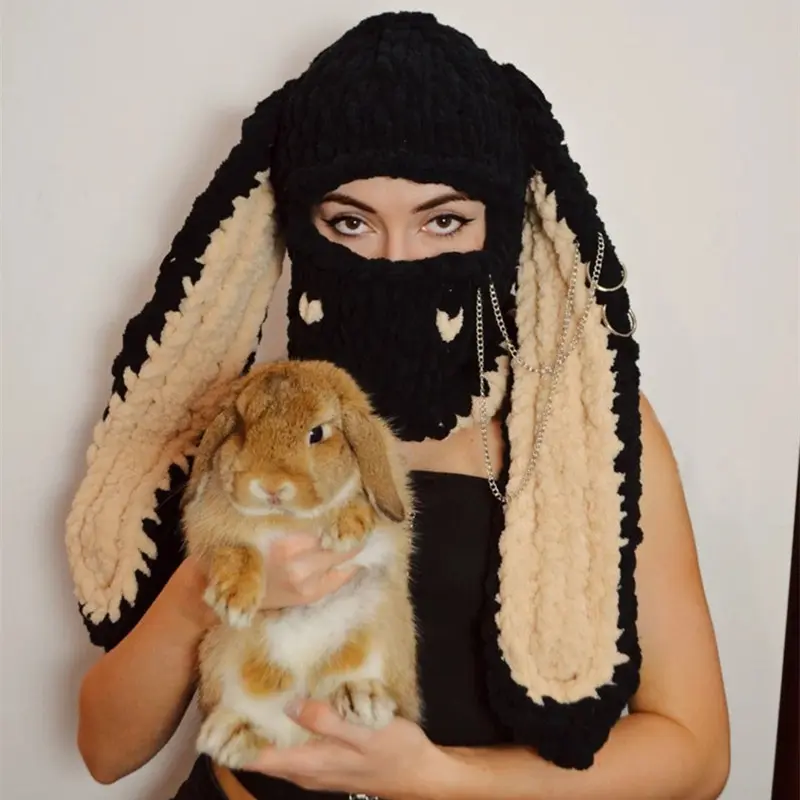 Y2K Gothic Long Bunny Ear Balaclava Knit Mask Hat, Contrast Color Crochet Full Face Ski Mask with Metal Chain O-Ring Decor, Alt Punk Harajuku Streetwear Warm Windproof Rabbit Ear Hood Beanie