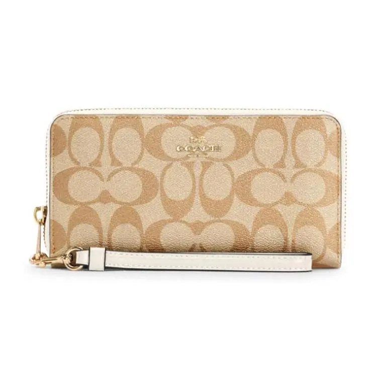 COACH Zip-Around 19 Long Wallet for Women – Coated Canvas and Leather, White and Khaki Monogram