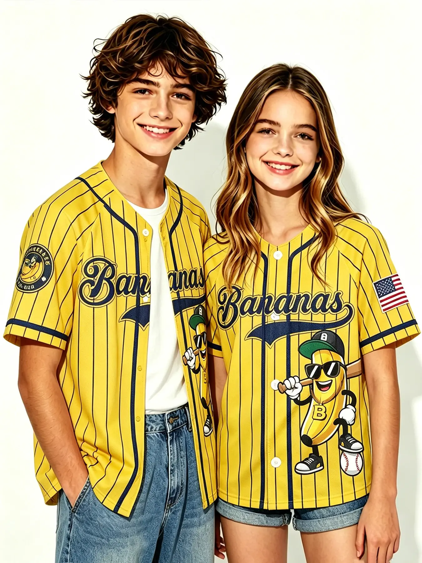 Savannah Bananas Youth Unisex Baseball Jersey, Vertical Stripes Cartoon Banana Mascot, Quick-Dry Short Sleeve Fan Top