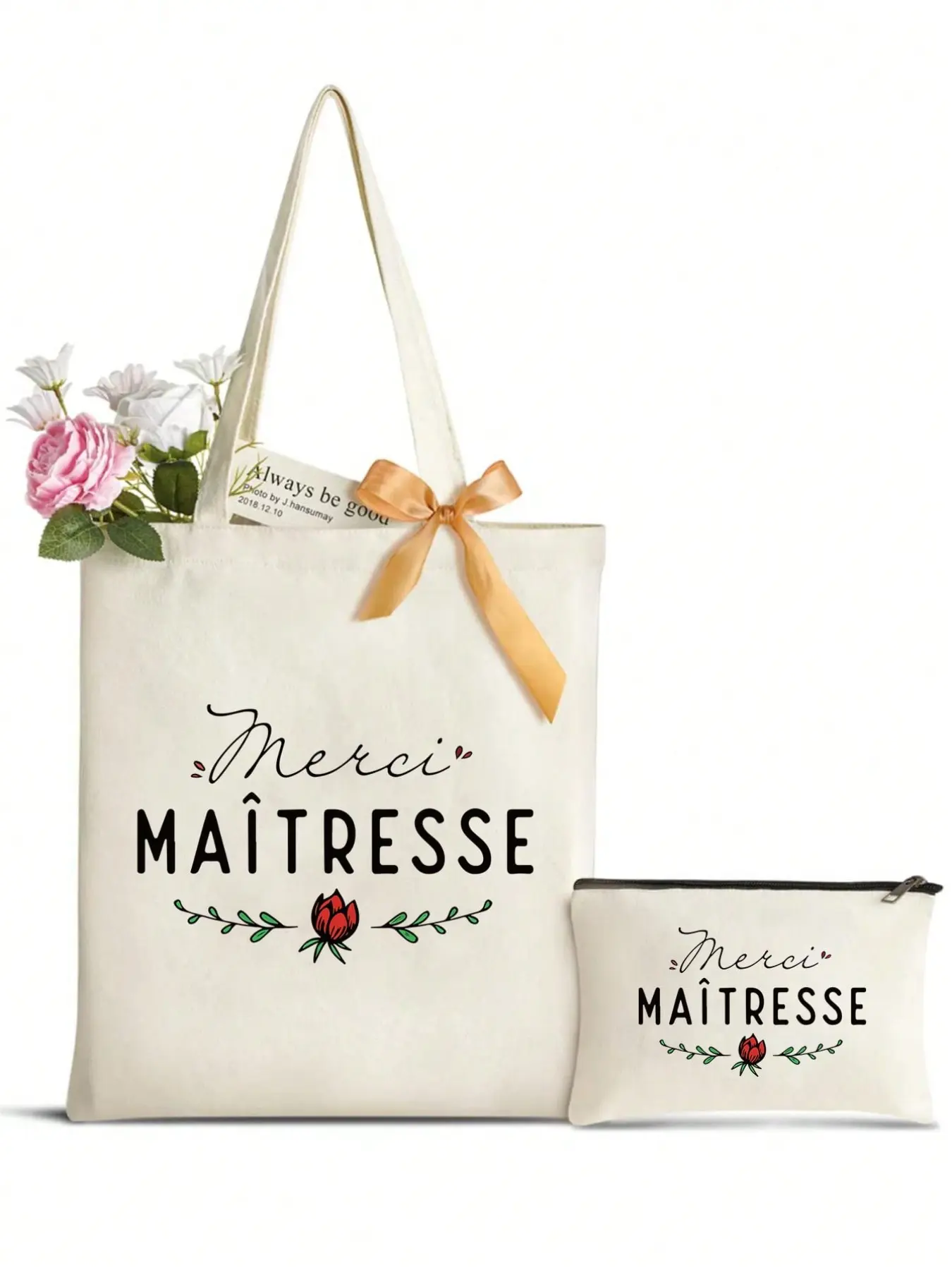 French Print Handbag with Makeup Bag, Teacher Theme Handbag Set, Personalized Wedding Gift Bag for Bridesmaids, Letter Print Handbag with Makeup Bag