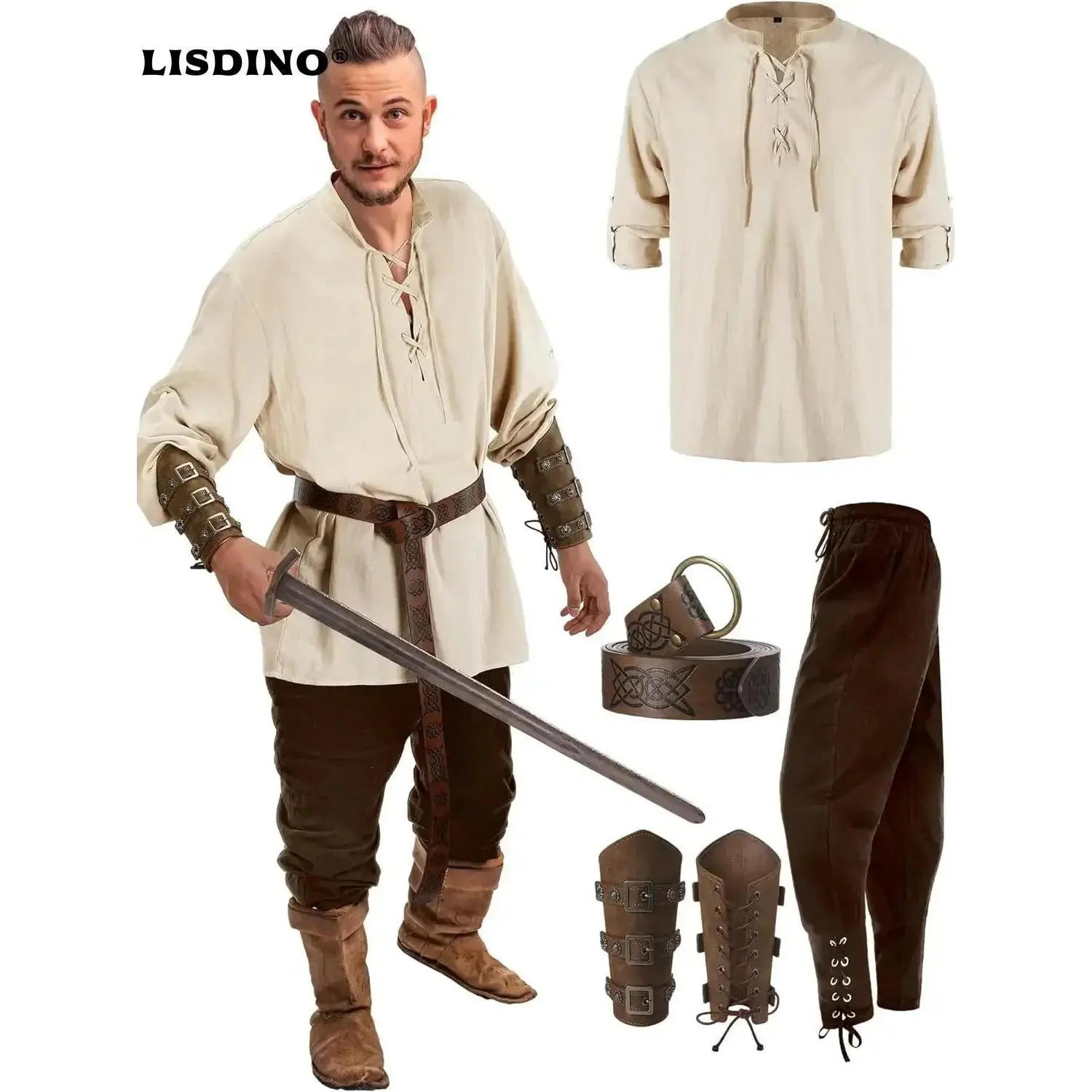 4 Pcs Halloween Men's Renaissance Costume Set Medieval Pirate Shirt Ankle Banded Pants Viking Belt Accessories