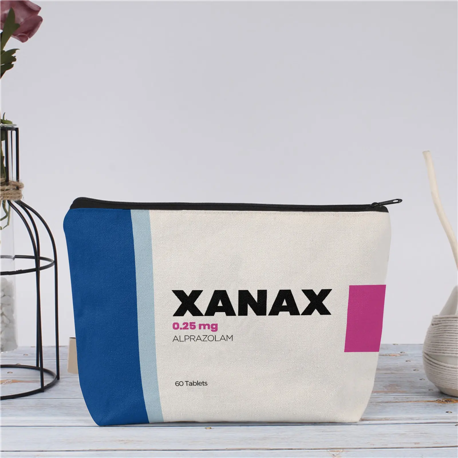 Fun Medicine Box Theme Makeup Bag, American Minimalist Style, Durable Canvas, Metal Zipper, Large Capacity, Multi-Functional Organizer