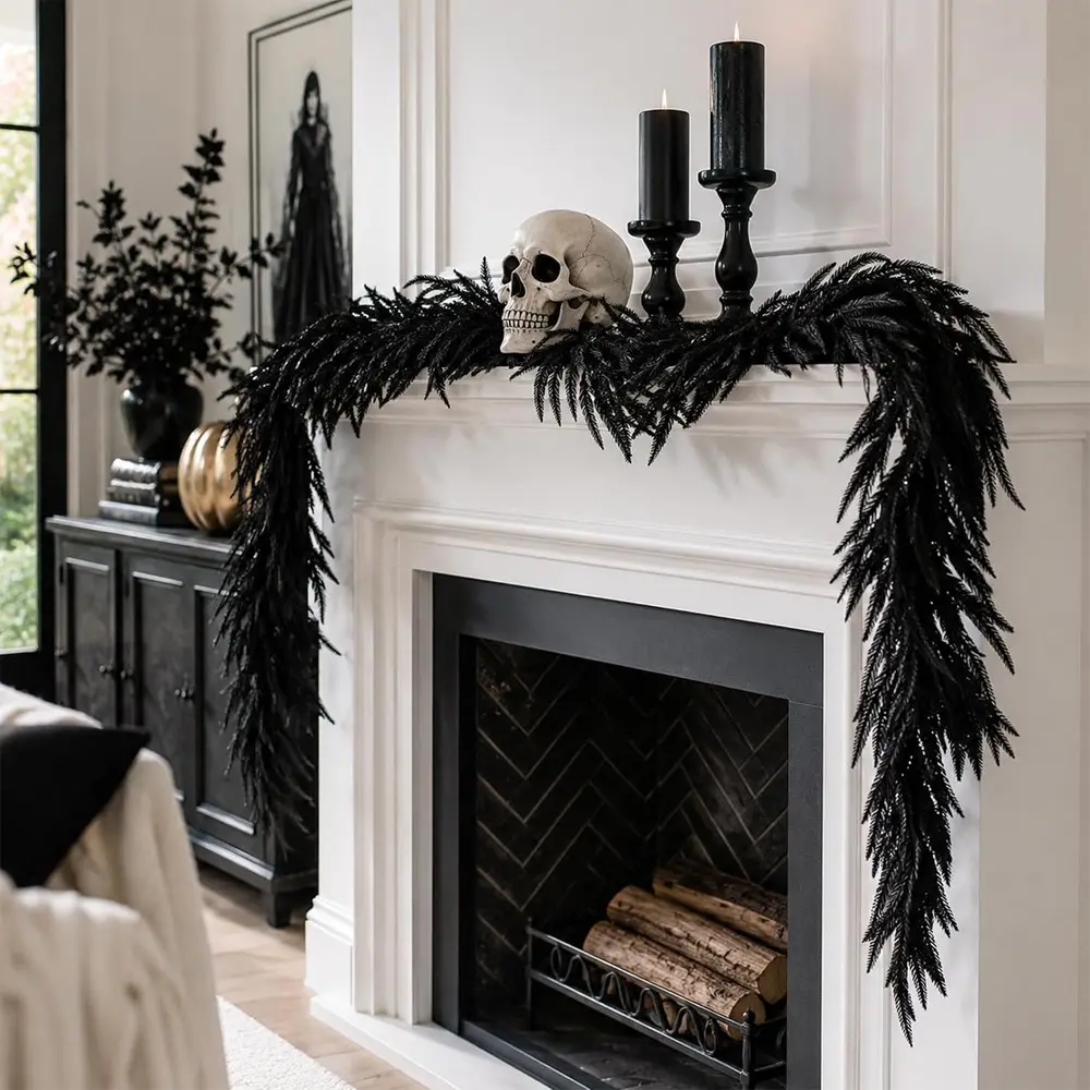 9ft Artificial Norfolk Pine Garland, Halloween Decor, Spooky, Indoor Outdoor Festival Fireplace Table Runner, Christmas Decoration