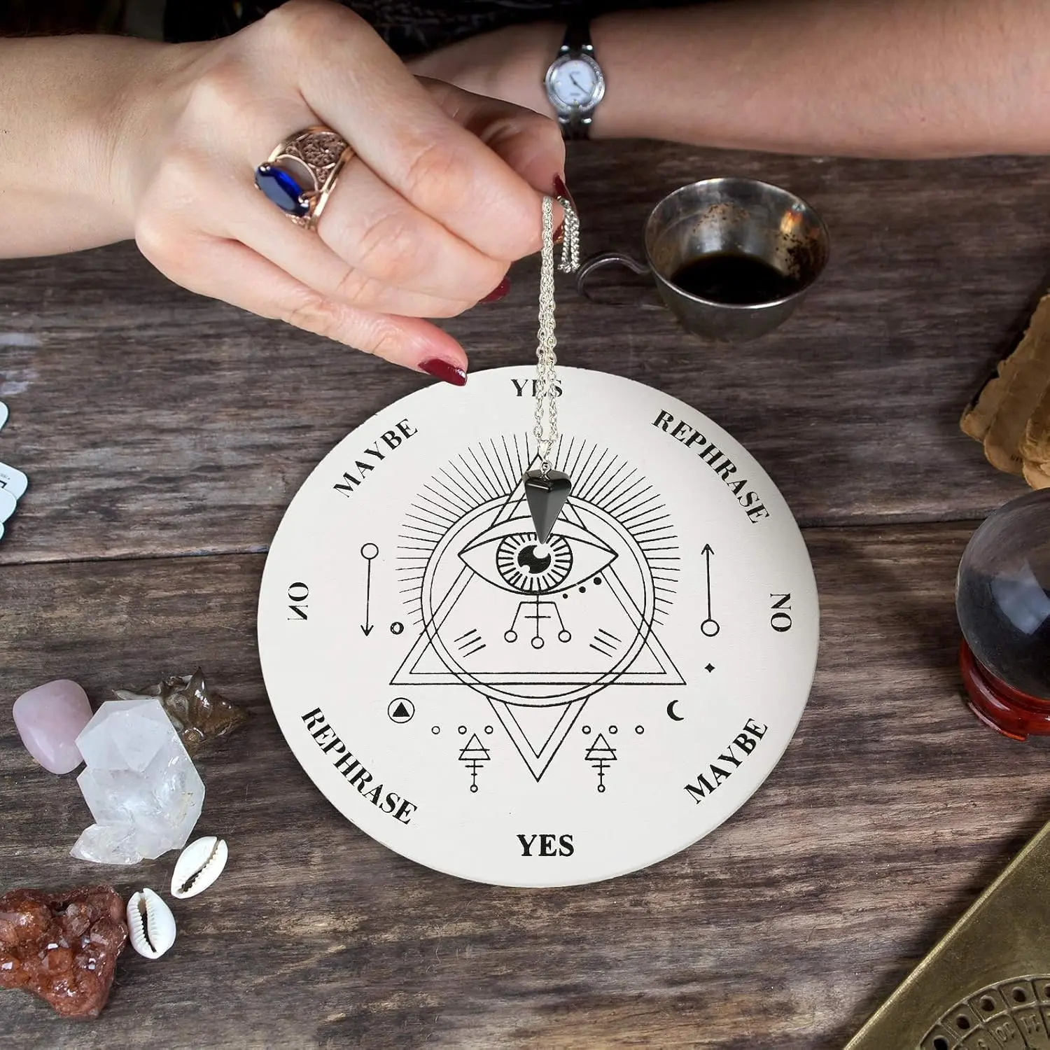 5.91 InchPendulum Board Set Wooden Dowsing Divination Board Metaphysical Message with Crystal Divinity Pendulum Necklace for Witchcraft Wiccan Wand Altar Supplies, (White)