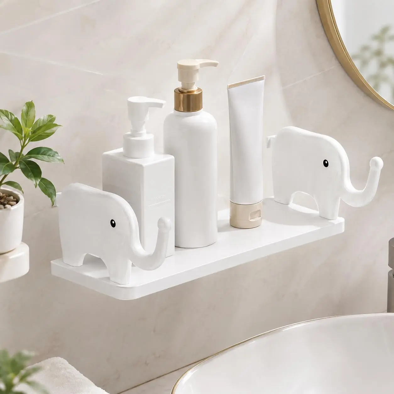 Cute Elephant Wall Shelf ,Waterproof Adhesive Wall Organizer, No-Drill Bathroom & Home Storage Rack, Space-Saving Decor Shelf（White）dealsforyou summerwins, Shelves, Kitchen, Adhesive Wall Hooks Racks